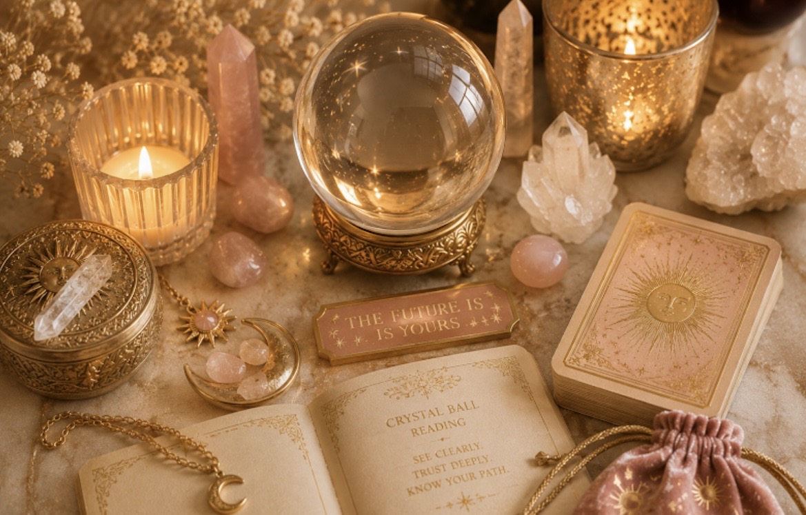 A warm-lit private reading table with a crystal ball, tarot cards, amethyst, a lit candle, and an open notebook titled Crystal Ball Reading — the setting of a real appointment at the office.