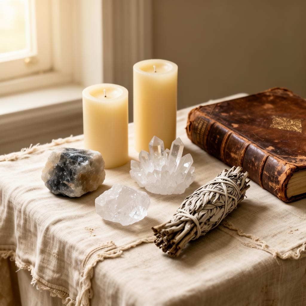 A quiet altar with candles, raw quartz, and a leather-bound book