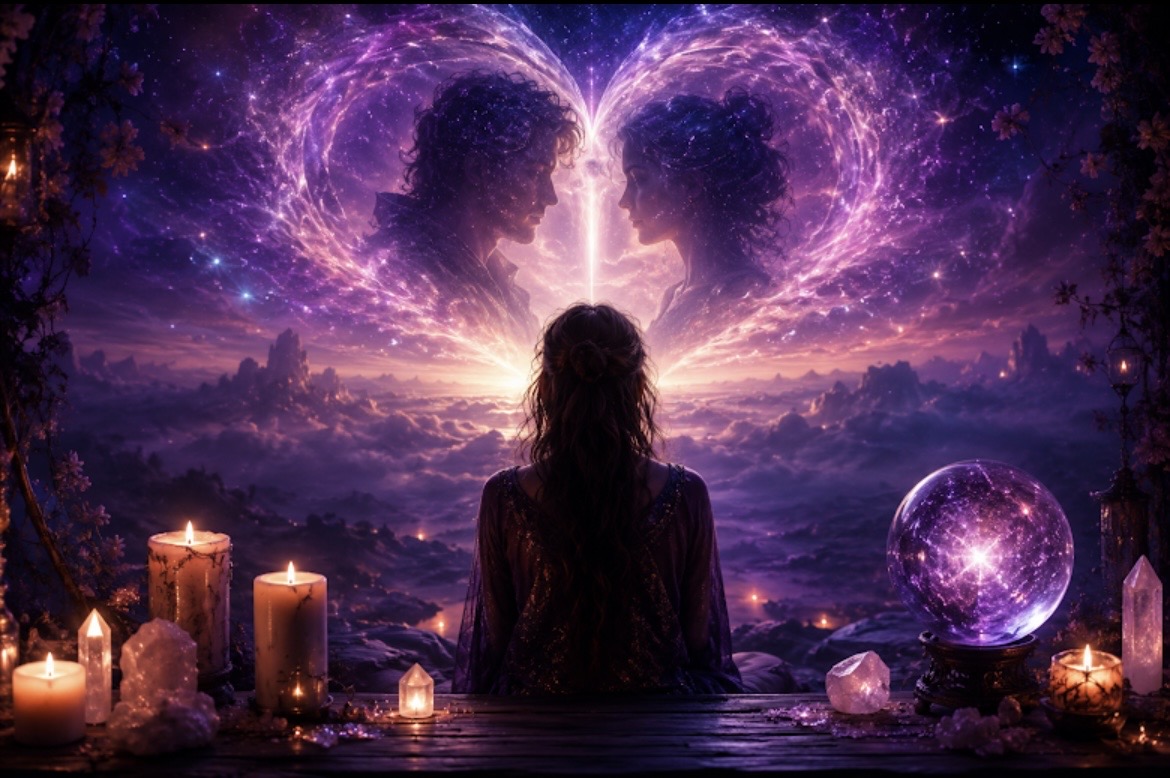 A woman in quiet reflection at twilight, with two silhouetted figures forming a heart above her — evoking the weight of a love situation carried privately.